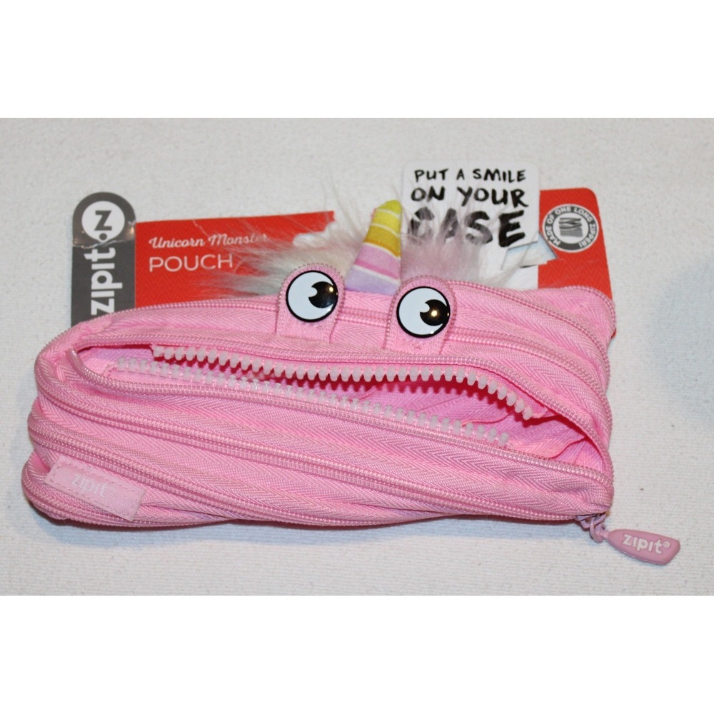 ZIPIT Unicorn Monster Pouch pink pencil case One Long Zipper New